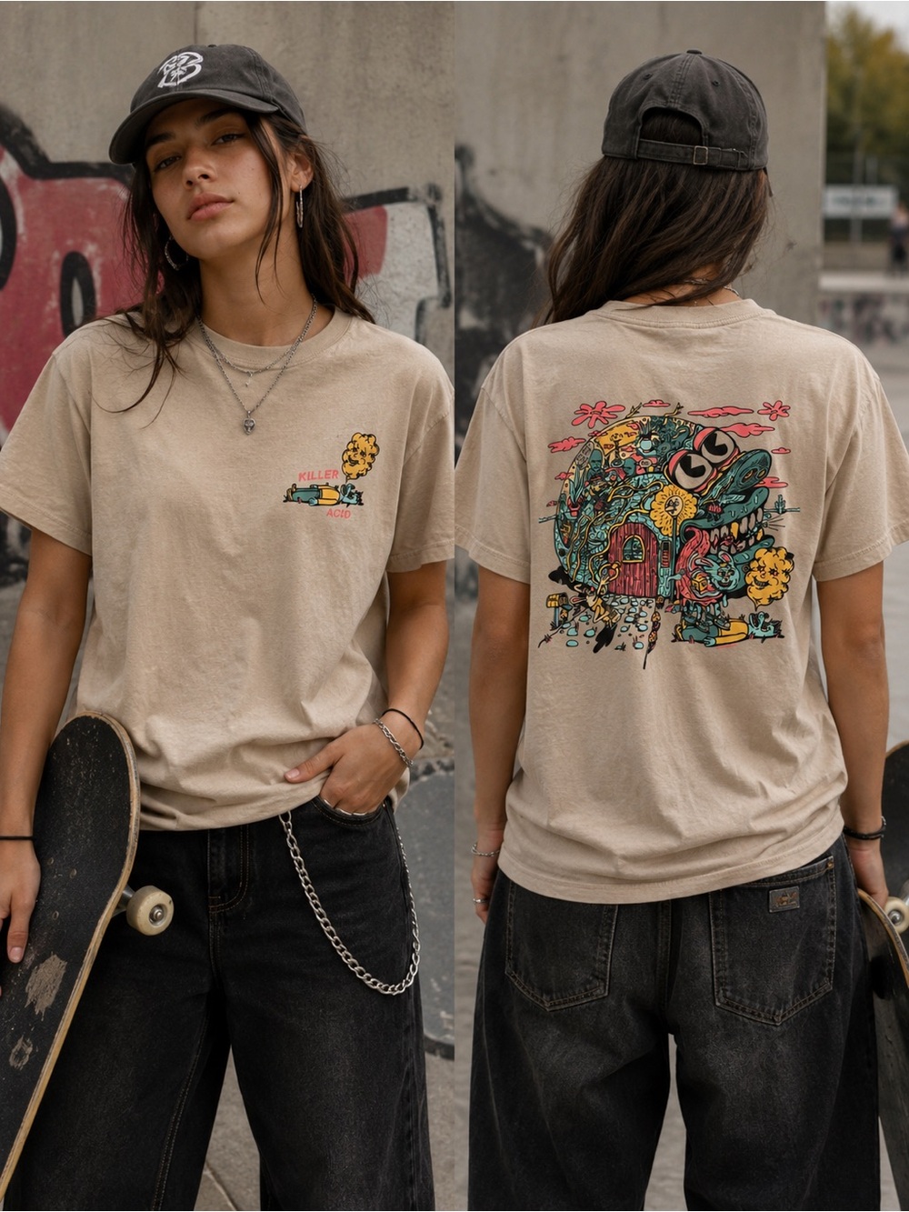 Graphic Beige Short-Sleeve Tee with Colorful Back Print
